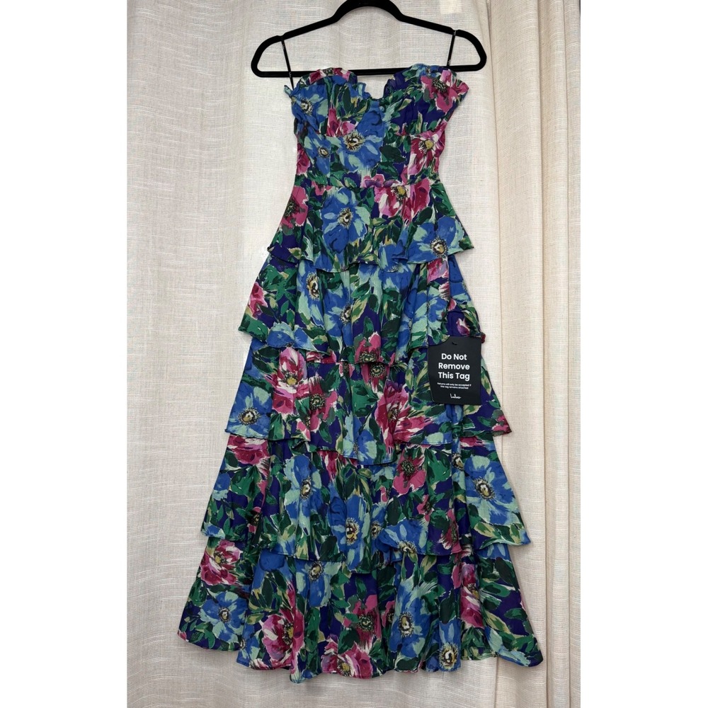 NWT Lulus Nayha Floral Tiered Strapless Lace Up Midi Dress Blue Women's Size XS